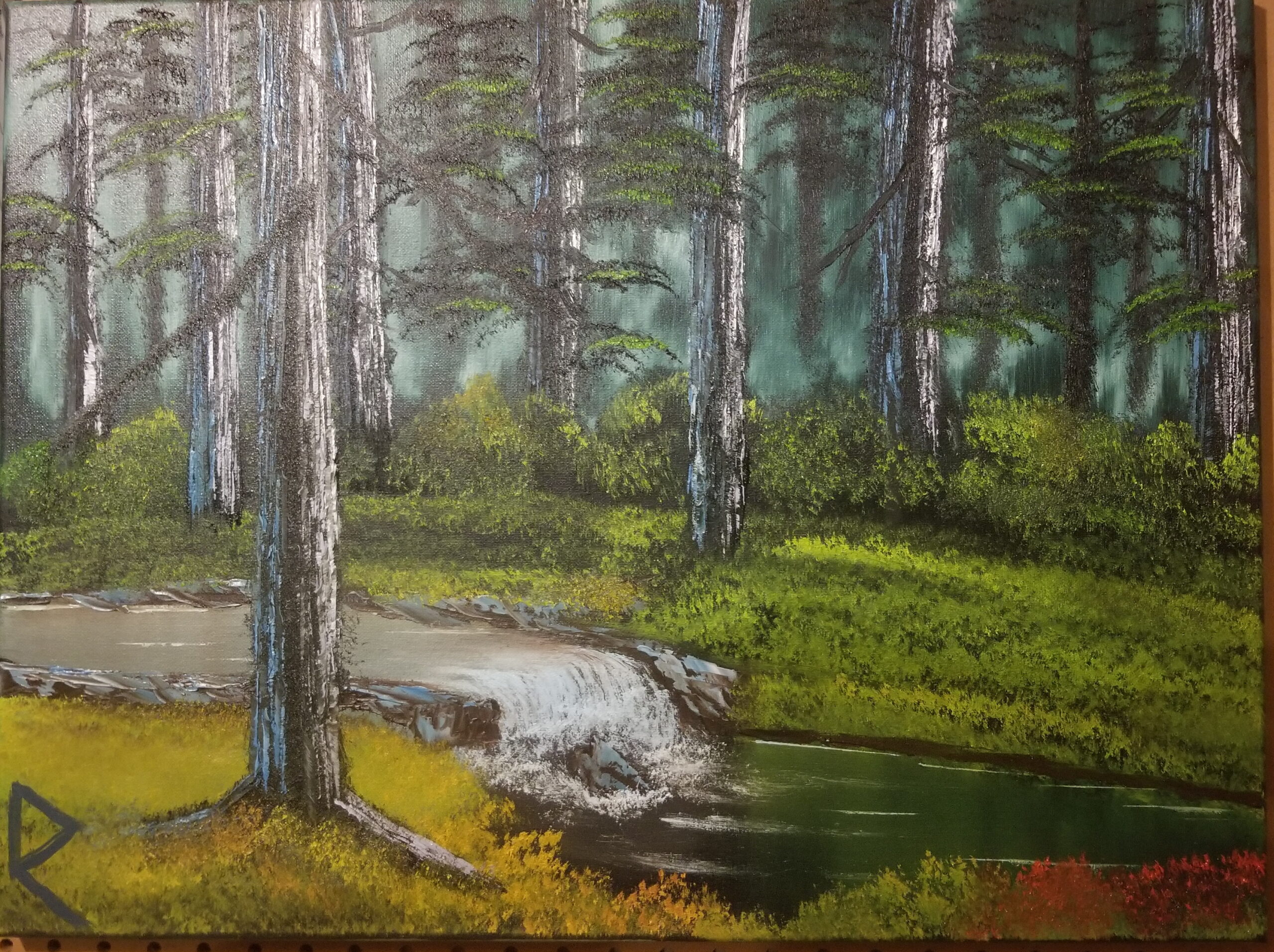 Oil painting of a dark green forest on 18"x24" canvas. Green/blue background with a rushing stream and foliage in green, orange and red.