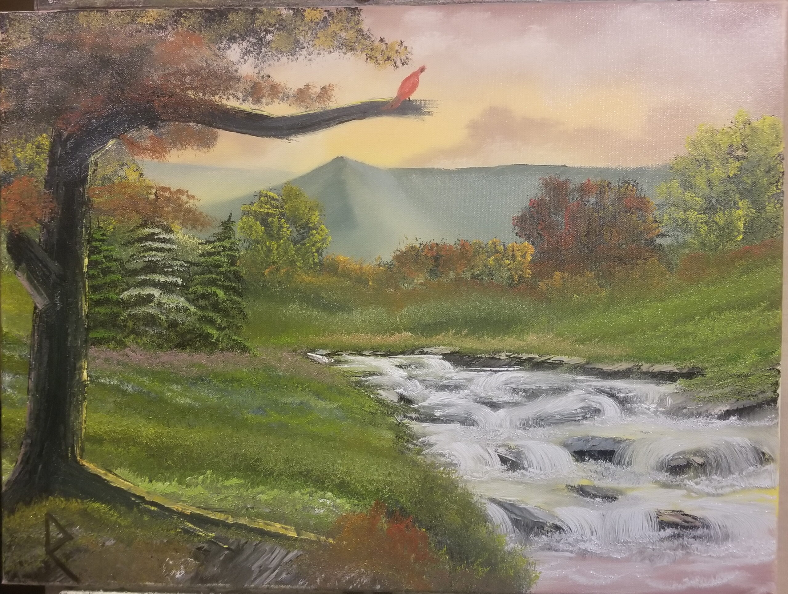 Oil painting on 18"x24" canvas. Blue Ridge Mountains in the distance, below evening/morning sky, fall foliage and a turbulent stream.