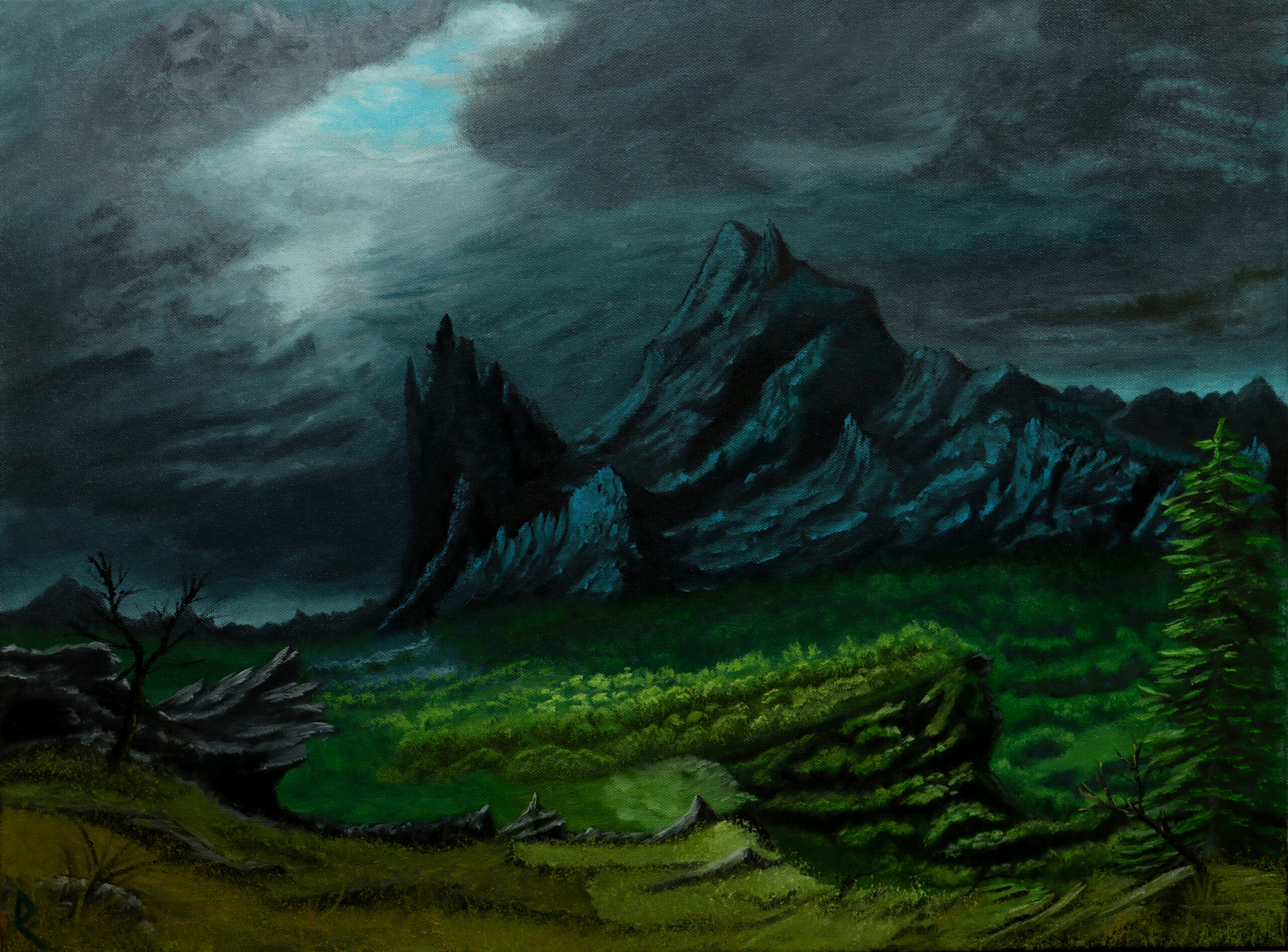 “Obsidian Peaks”, an 18”x24” oil painting showing a dark foreboding sky and black-blue mountains. A brief opening in the clouds shows the blue sky above, shining down on a valley teeming with forests. Inspired by an illustration from @tobyfoxart.bsky.social